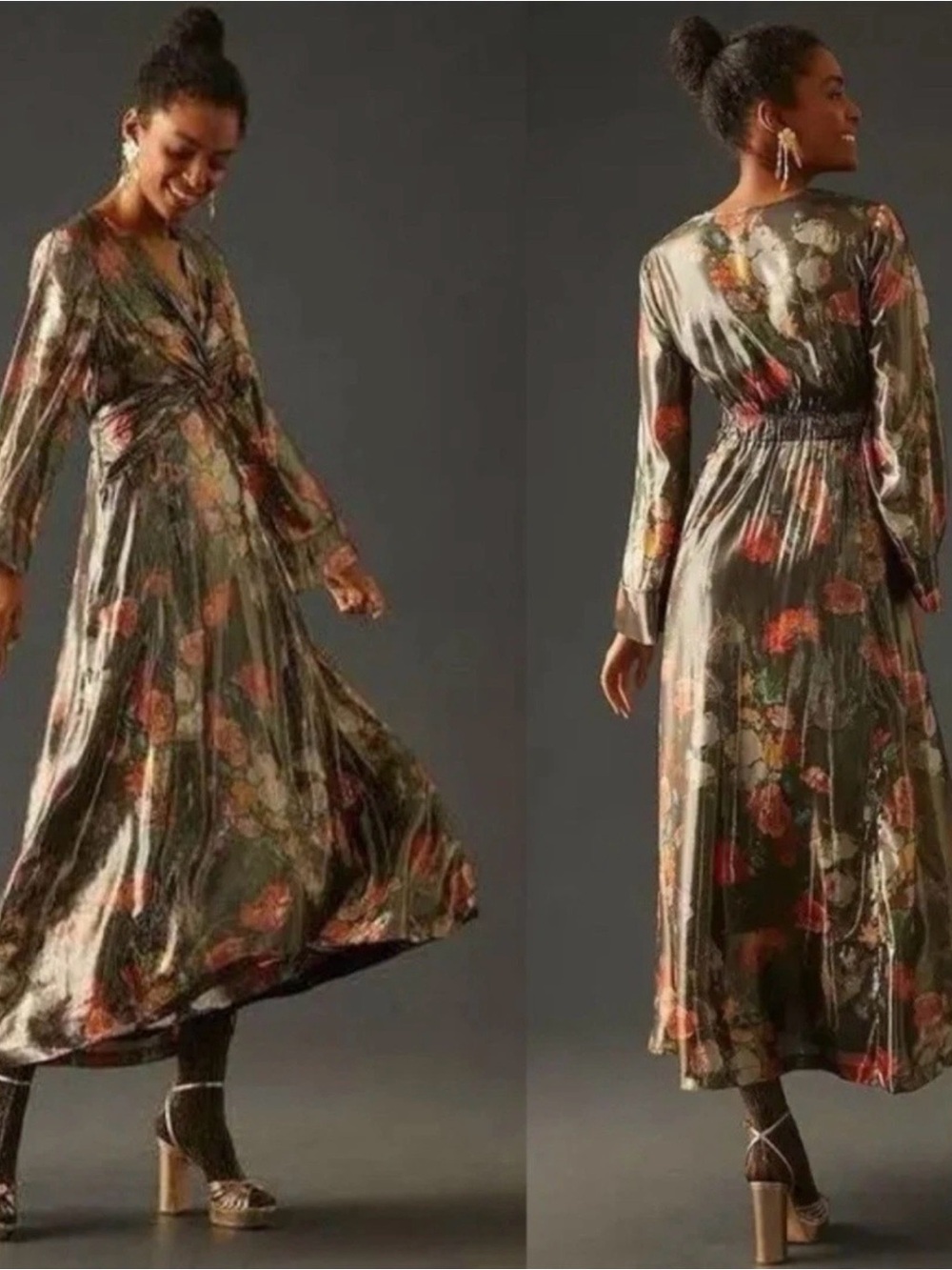 Anthropologie Caballero Metallic Floral Twist-Front Maxi Dress Size Medium NWT